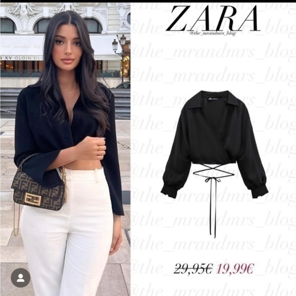 Zara v neck wrap shirt long sleeve balloon sleeves tie black .